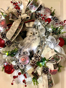 Flocked Winter Owl Wreath: Holiday Door Hanger with Pinecones & Berries