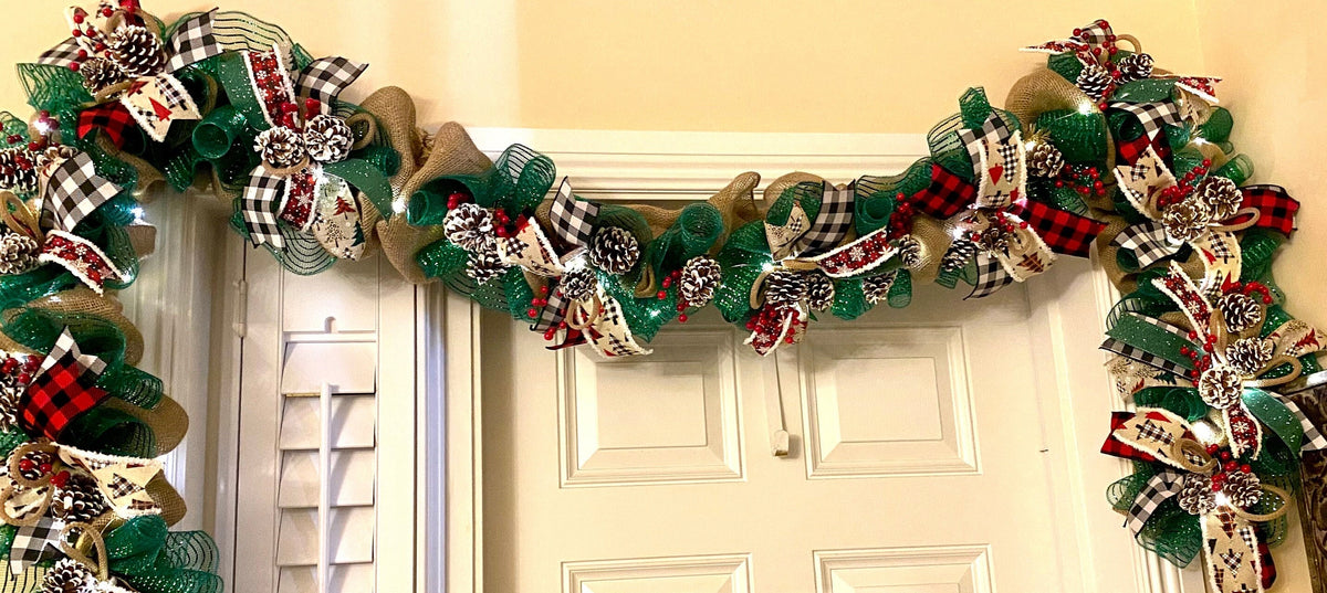 Lighted Farmhouse Christmas Garland Buffalo check holiday decor for front door, double doors, Merry Christmas