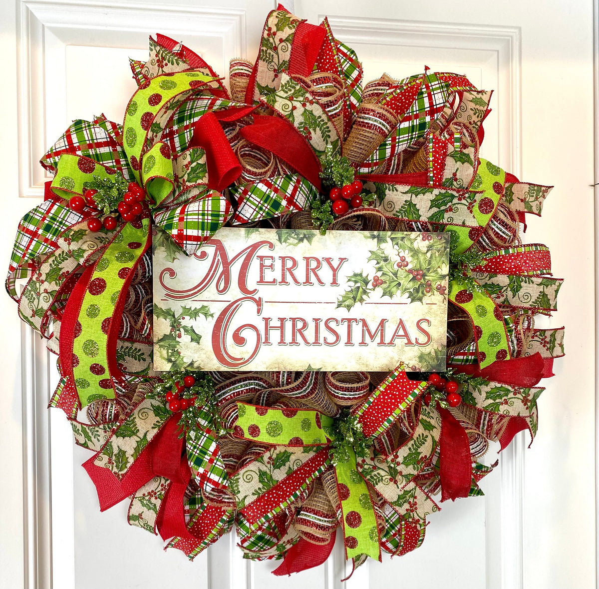 Christmas wreath Lime and Red Decor Merry Christmas Winter Porch