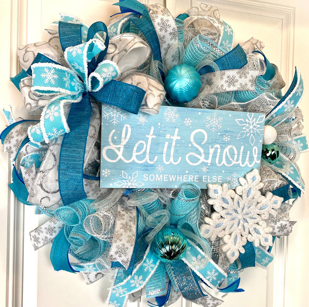 Teal & Silver Snowflake Winter Wreath: Elegant Holiday Door Decor