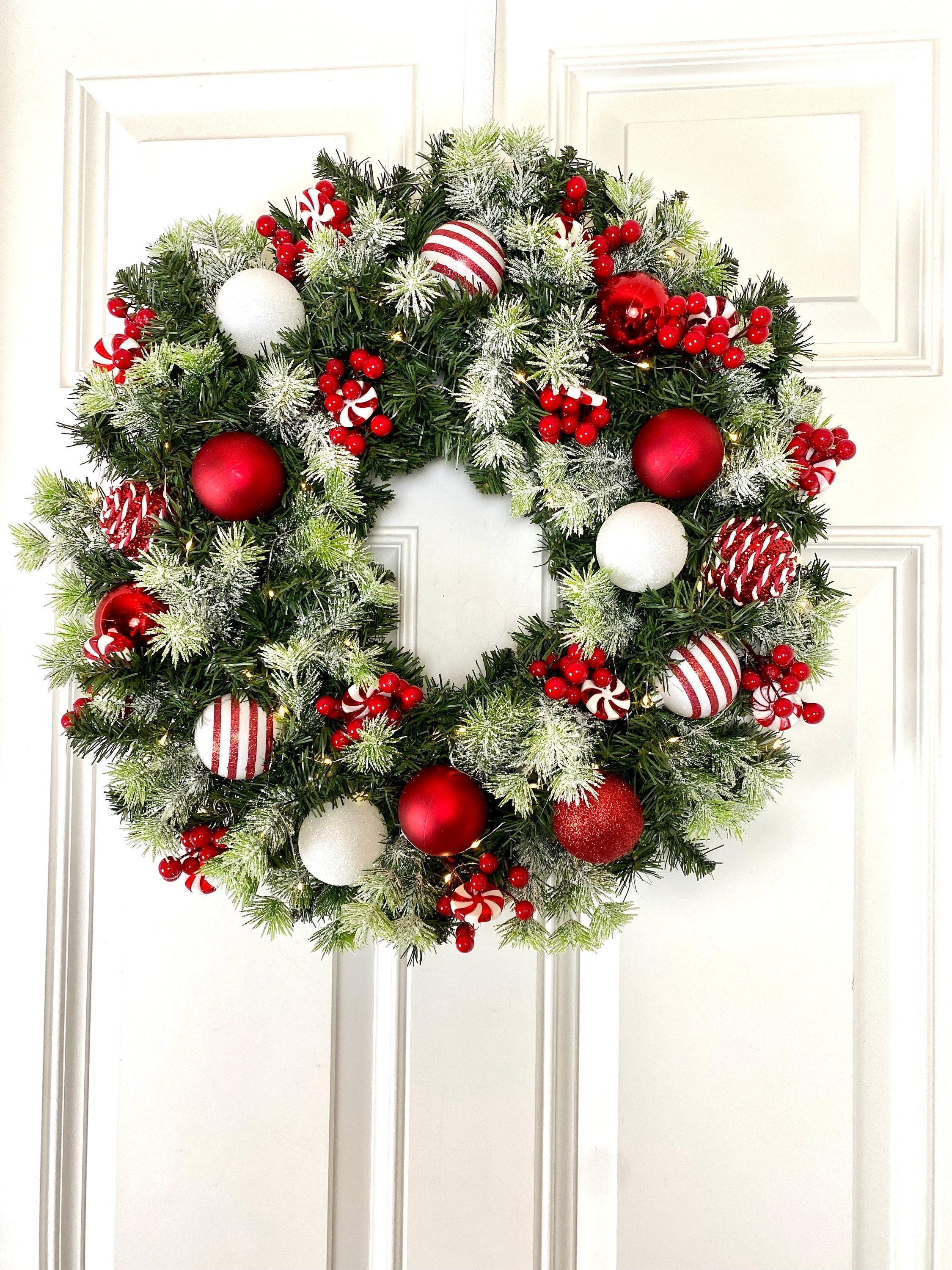 　Decorated Christmas Wreath Lighted Peppermint Christmas Ornament Wreath – The Wreath Place