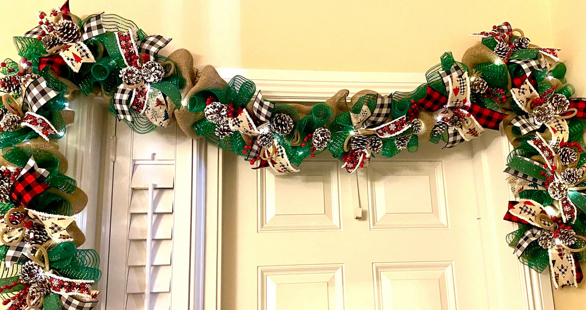 Lighted Farmhouse Christmas Garland Buffalo check holiday decor for front door, double doors, Merry Christmas