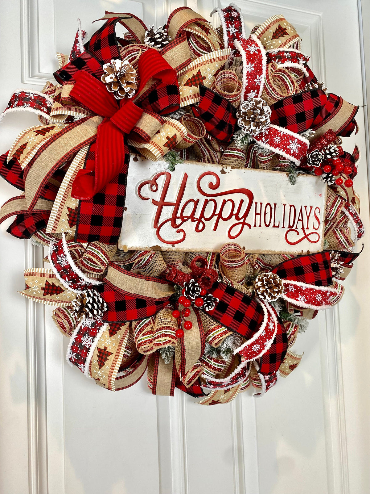 XL Farmhouse Holiday Wreath, Winter Wreath, Buffalo Plaid Decor, front door porch decor