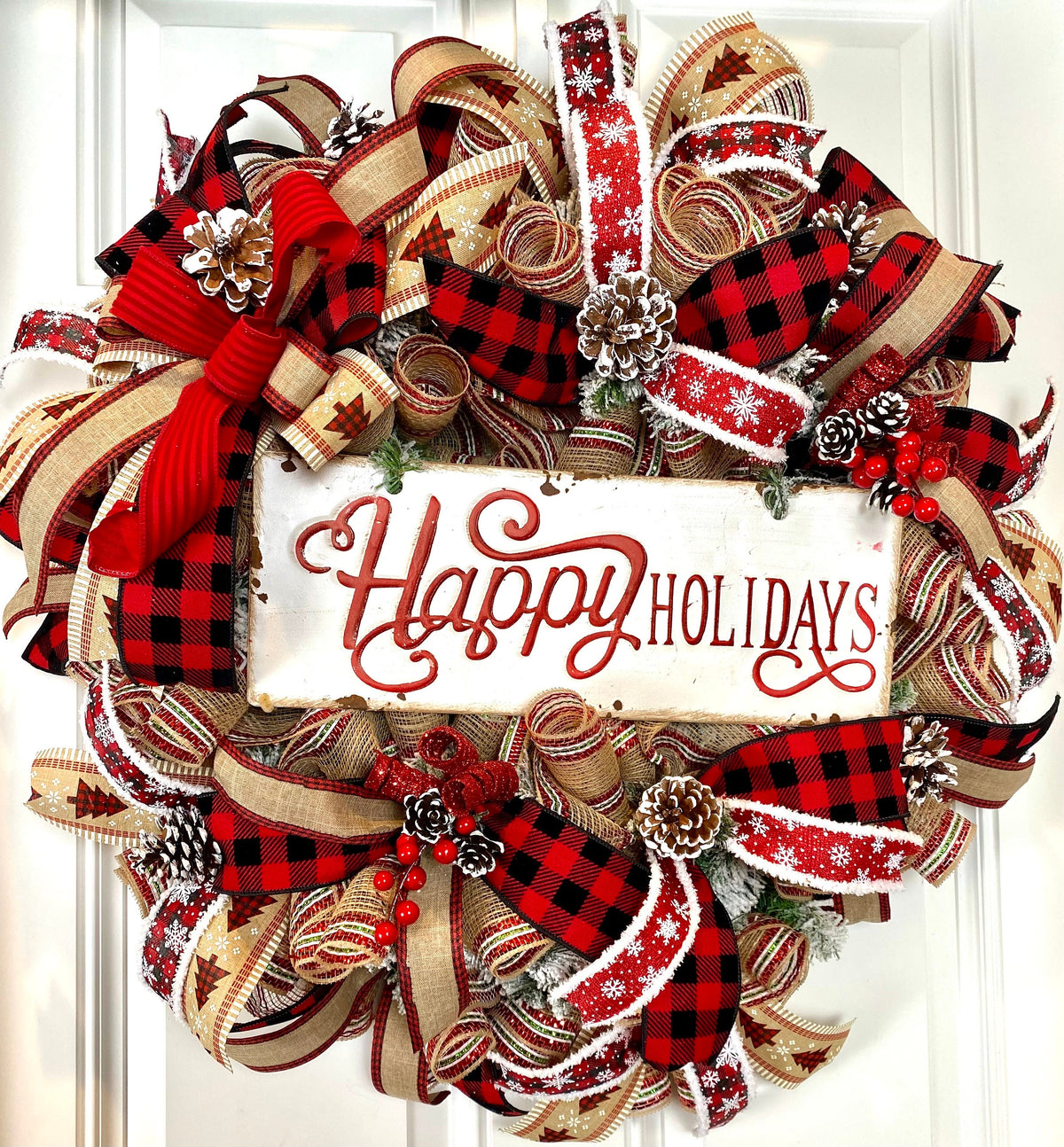 XL Farmhouse Holiday Wreath, Winter Wreath, Buffalo Plaid Decor, front door porch decor