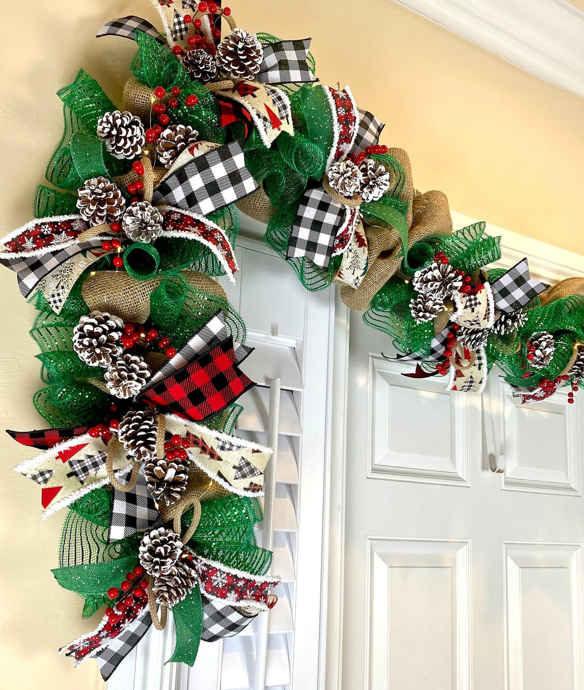 Lighted Farmhouse Christmas Garland Buffalo check holiday decor for front door, double doors, Merry Christmas
