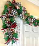 Lighted Farmhouse Christmas Garland Buffalo check holiday decor for front door, double doors, Merry Christmas