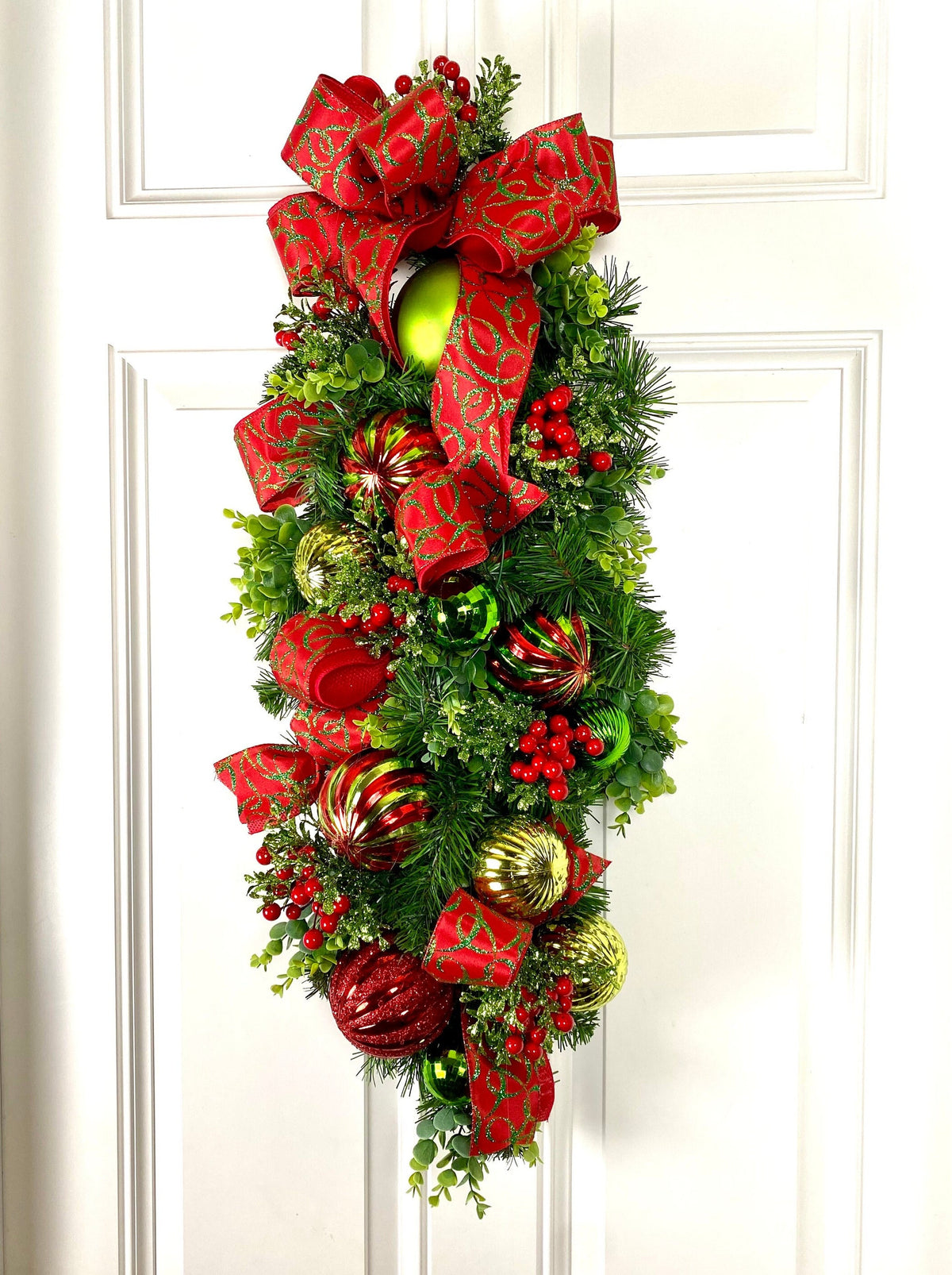 Red and Lime Christmas Ornament Swag: Holiday Door Decor