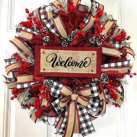 Christmas Wreath, Farmhouse Buffalo Plaid, Decor for front door, double doors, Merry Christmas