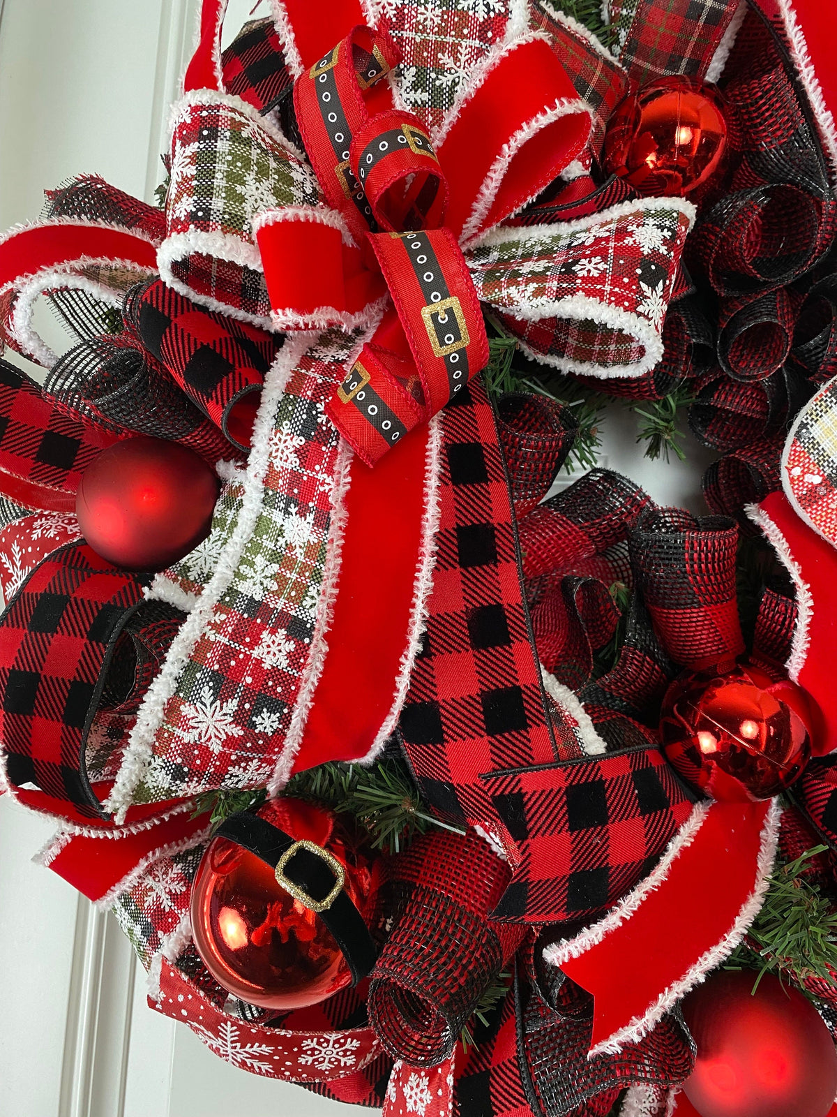 XL Santa Christmas Wreath: Plaid Farmhouse Front Door Decor