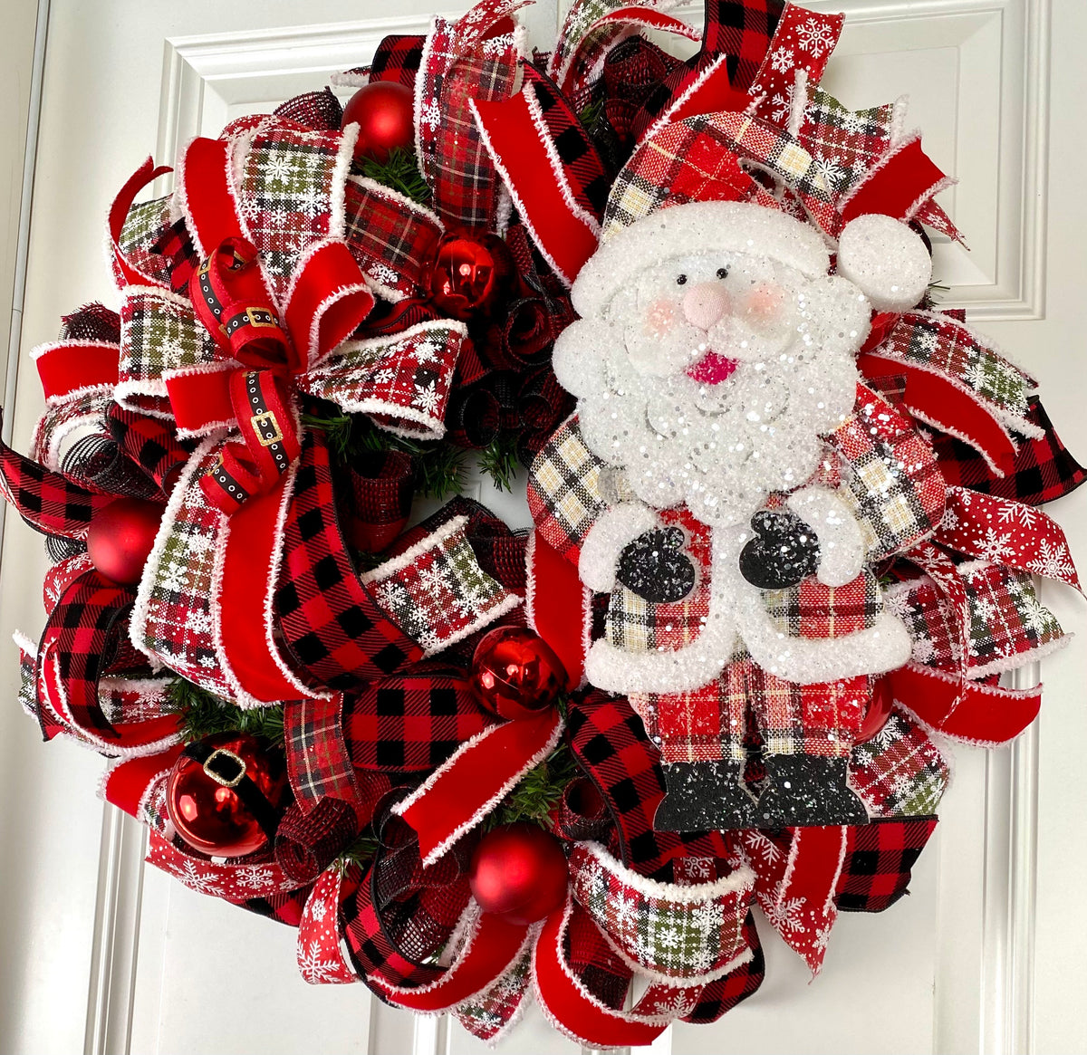 XL Santa Christmas Wreath: Plaid Farmhouse Front Door Decor
