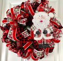 XL Santa Christmas Wreath: Plaid Farmhouse Front Door Decor