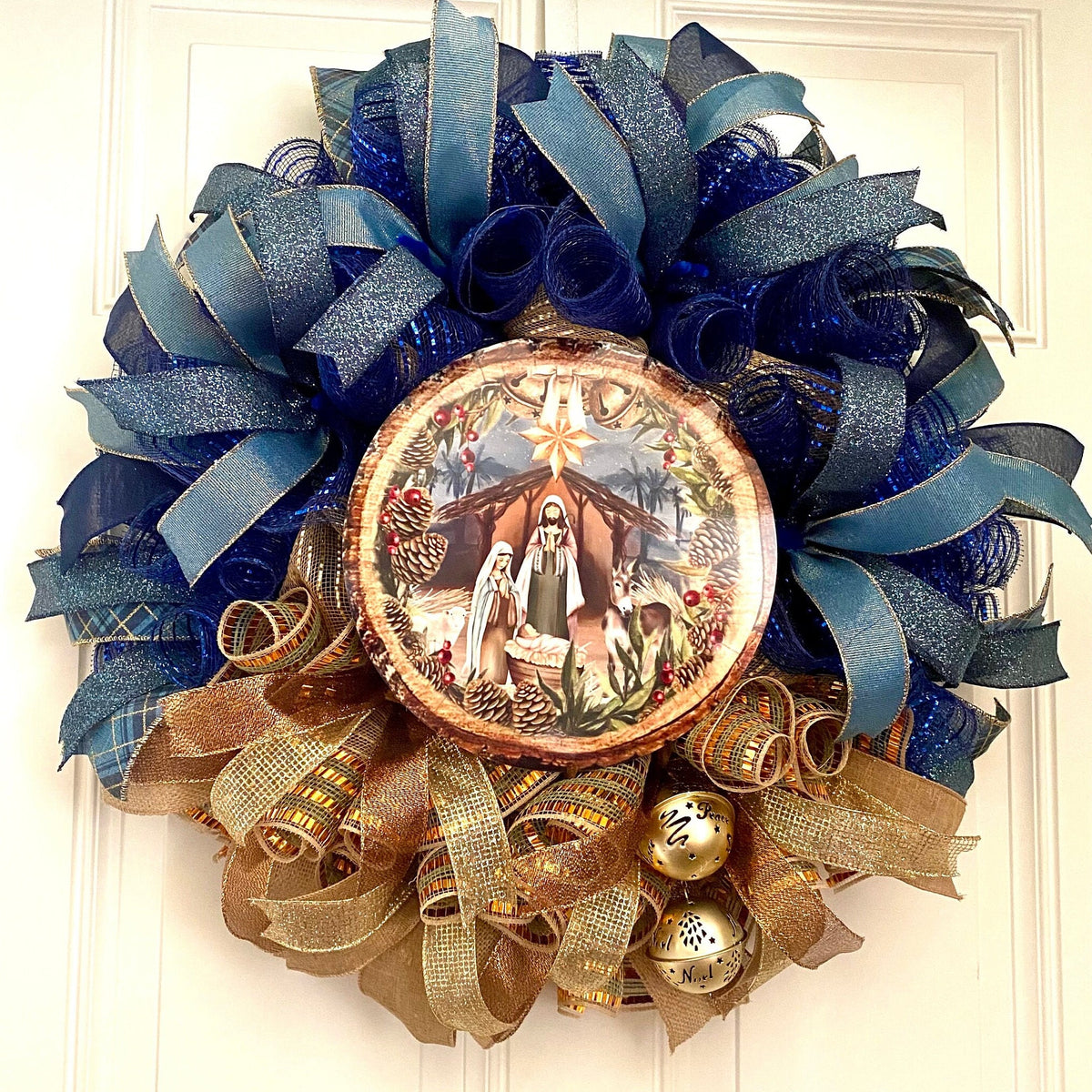 Elegant Gold and Blue Nativity Wreath with Charming Gold Bell Embellishments