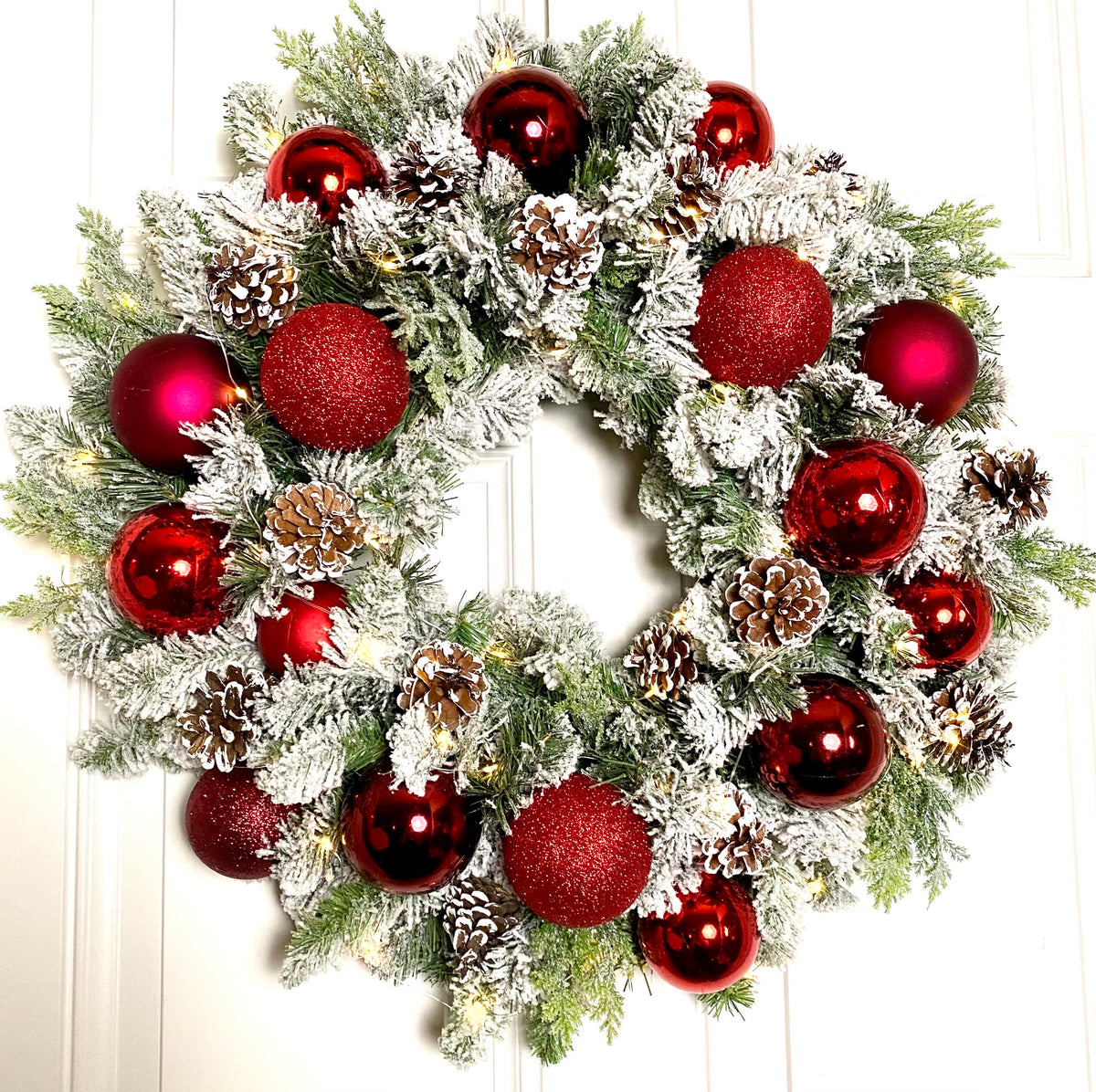 Lighted Red Christmas Ornament Pinecone Wreath, Holiday Ornament Wreath, Winter Porch Decor