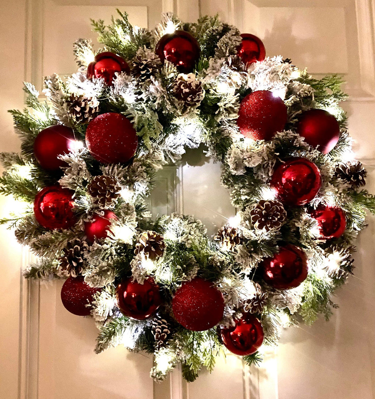 Lighted Red Ornament Pinecone Wreath: Winter Holiday Porch Decor
