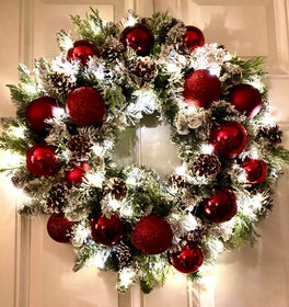 Lighted Red Ornament Pinecone Wreath: Winter Holiday Porch Decor