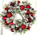 Lighted Red Ornament Pinecone Wreath: Winter Holiday Porch Decor