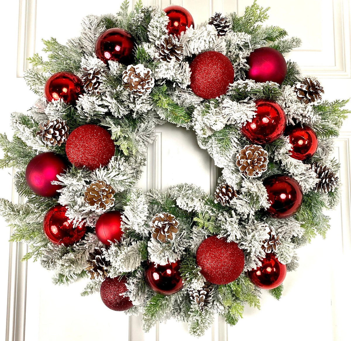 Lighted Red Christmas Ornament Pinecone Wreath, Holiday Ornament Wreath, Winter Porch Decor