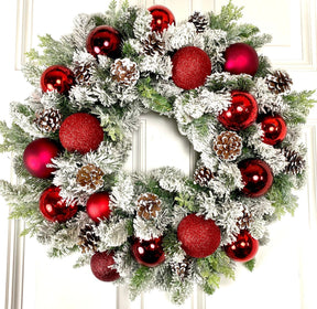 Lighted Red Christmas Ornament Pinecone Wreath, Holiday Ornament Wreath, Winter Porch Decor