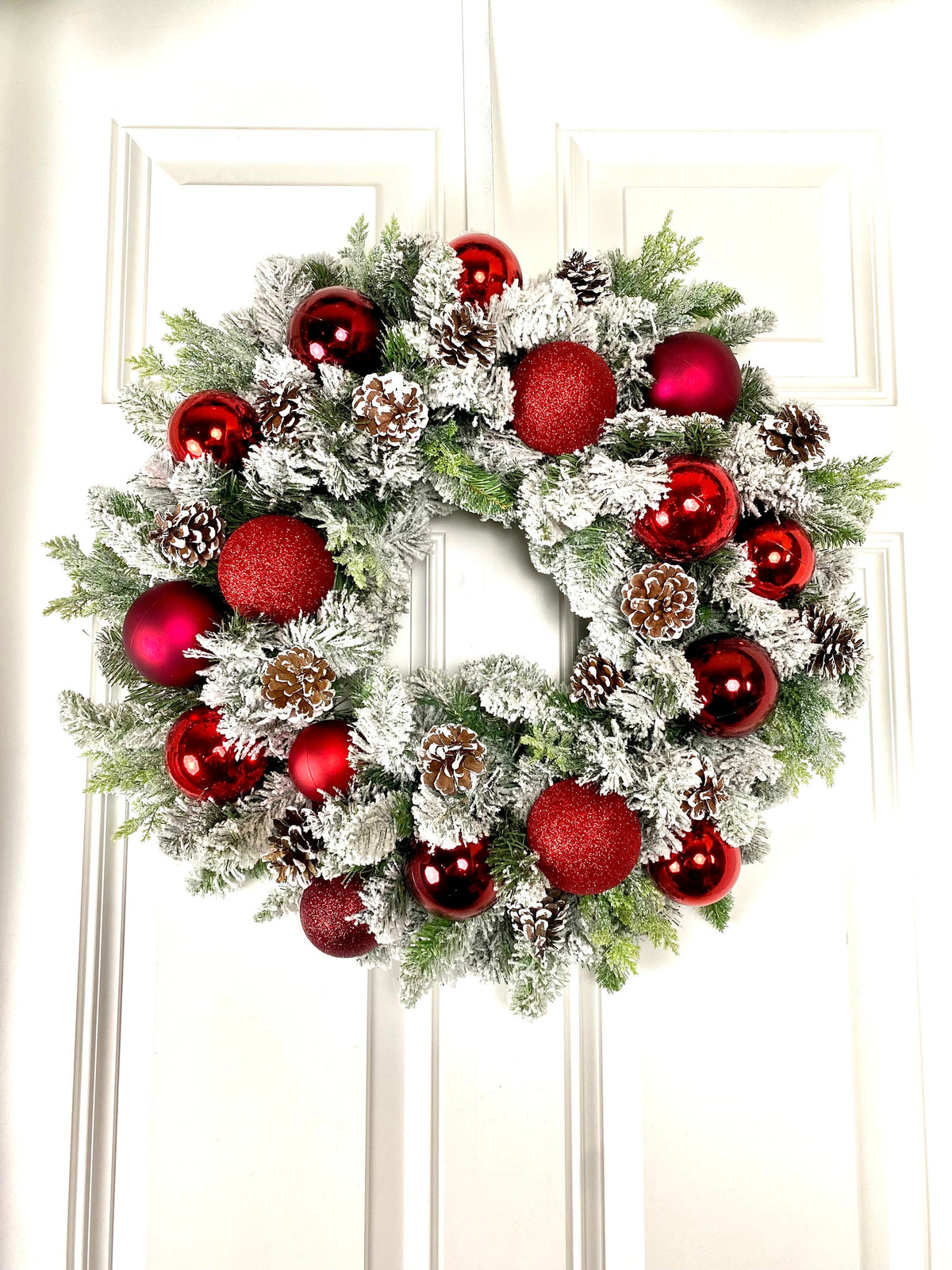 Lighted Red Christmas Ornament Pinecone Wreath, Holiday Ornament Wreath, Winter Porch Decor