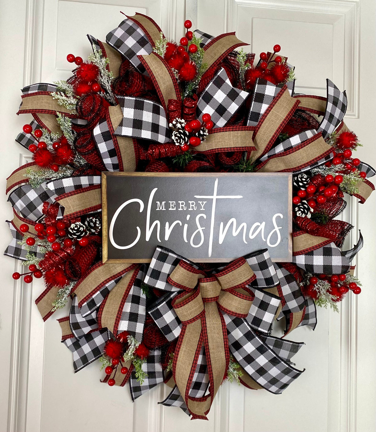 Christmas Wreath, Farmhouse Buffalo Plaid, Decor for front door, double doors, Merry Christmas