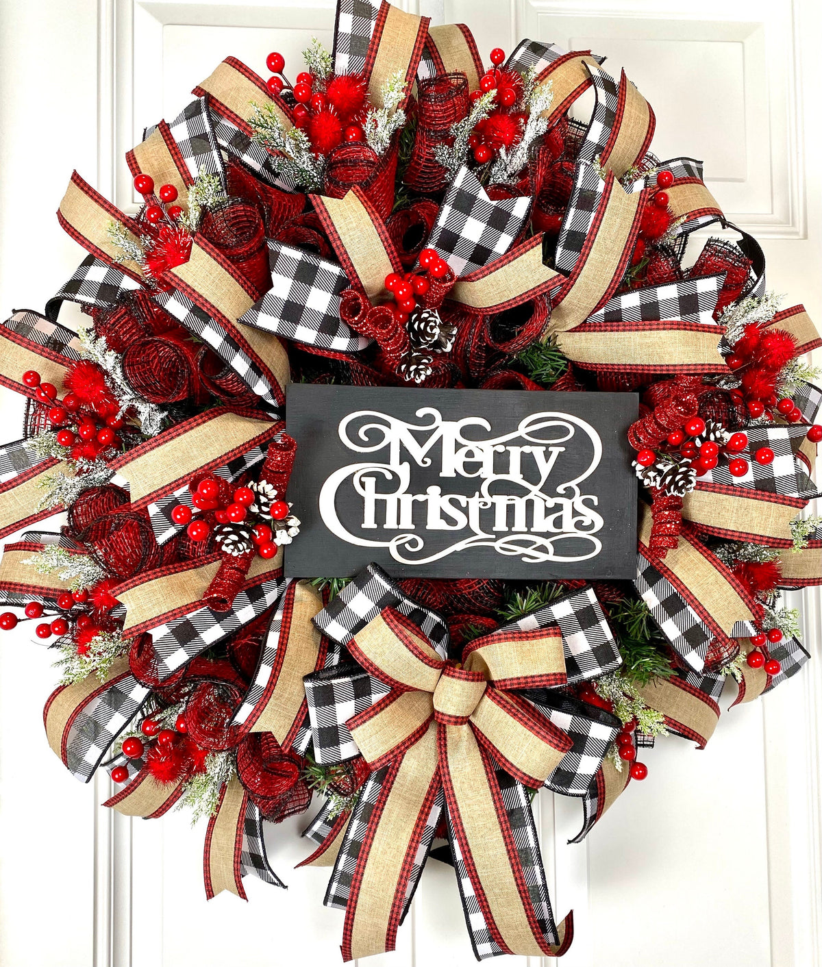 Christmas Wreath, Farmhouse Buffalo Plaid, Decor for front door, double doors, Merry Christmas