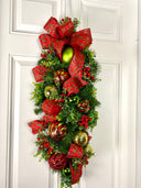 Red and Lime Christmas Ornament Swag: Holiday Door Decor