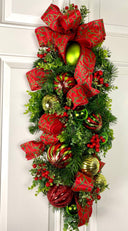 Red and Lime Christmas Ornament Swag: Holiday Door Decor