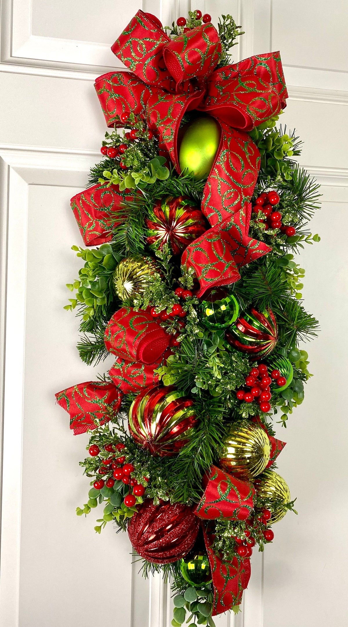 Red and Lime Christmas Ornament Swag: Holiday Door Decor