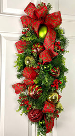 Red and Lime Christmas Ornament Swag: Holiday Door Decor