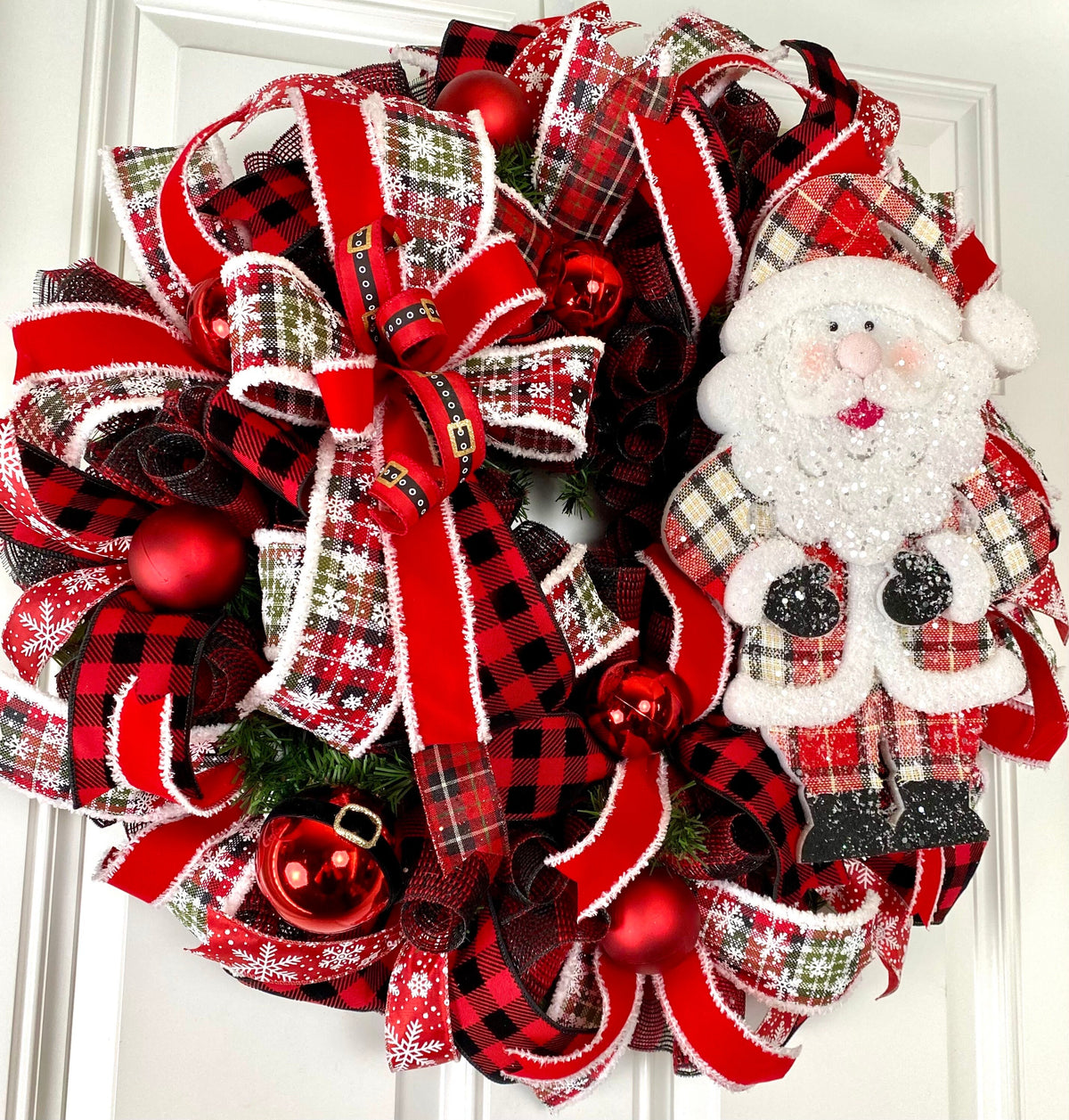 XL Santa Christmas Wreath: Plaid Farmhouse Front Door Decor