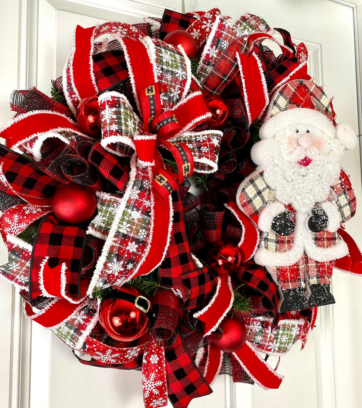 XL Santa Christmas Wreath: Plaid Farmhouse Front Door Decor