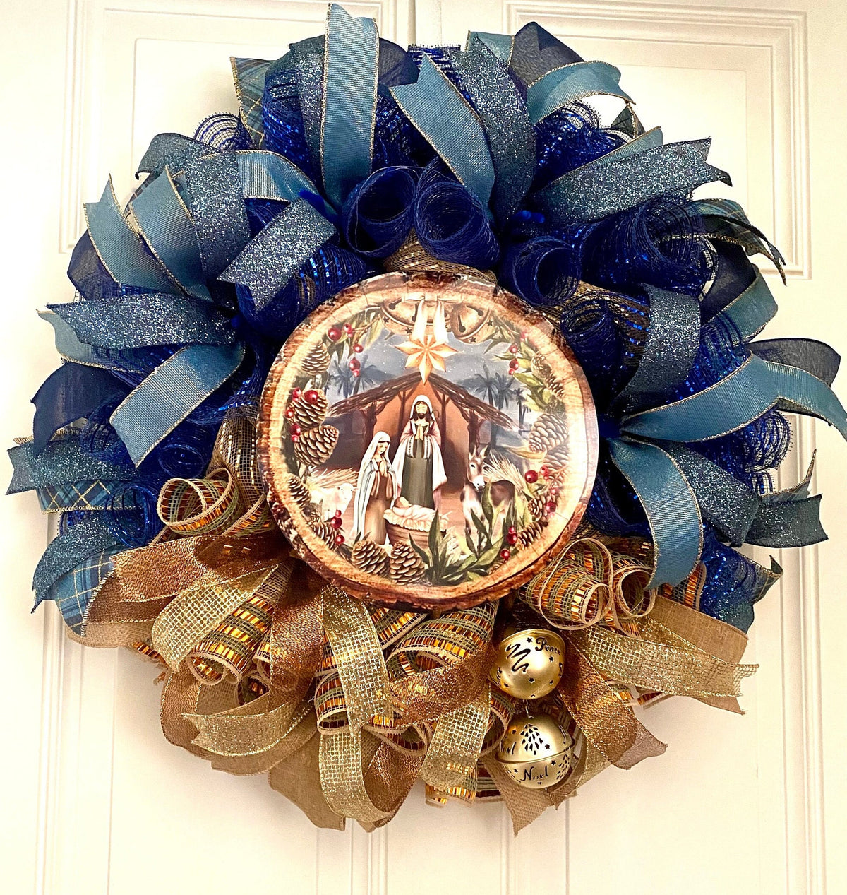 Elegant Gold and Blue Nativity Wreath with Charming Gold Bell Embellishments