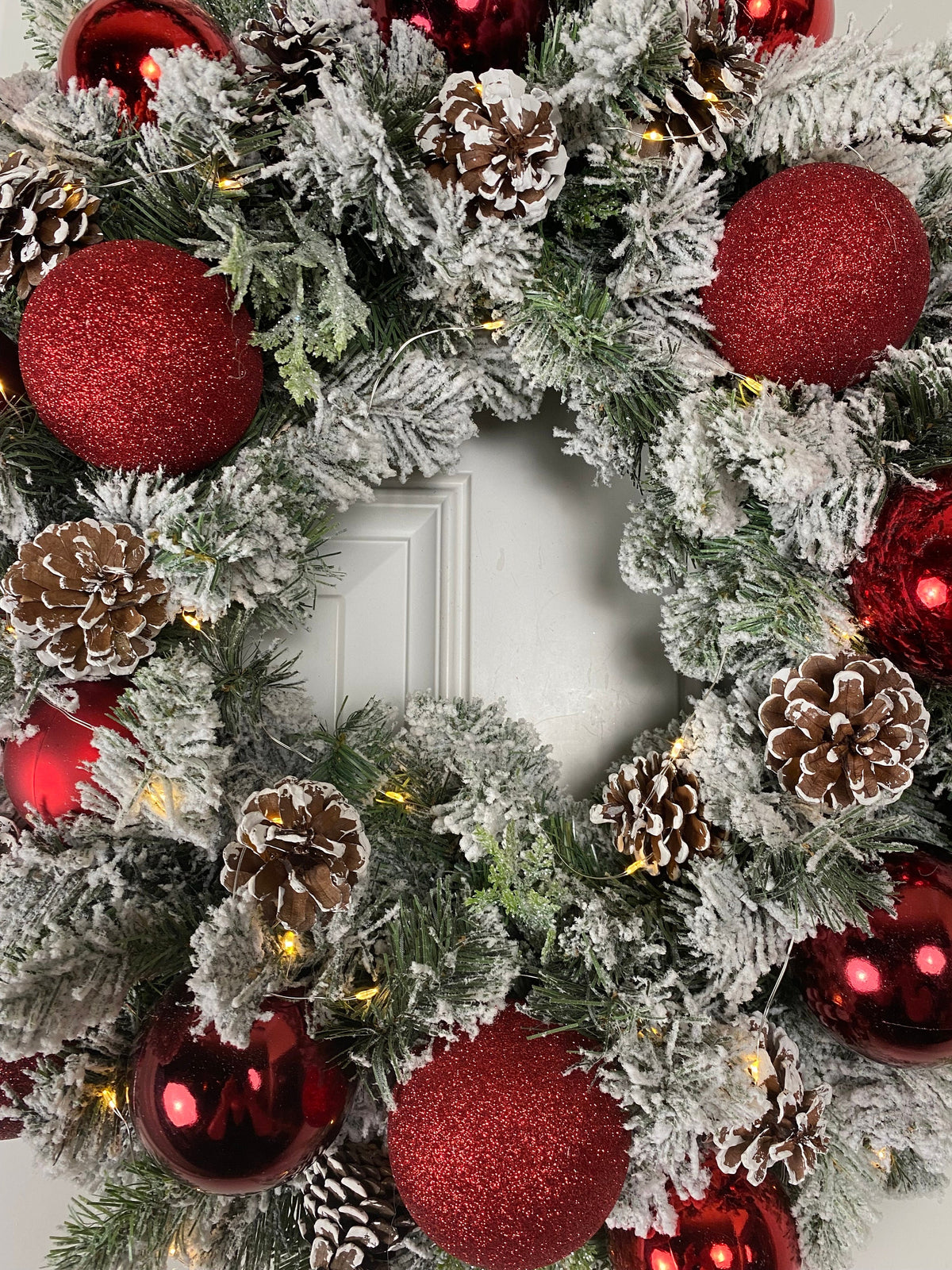 Lighted Red Christmas Ornament Pinecone Wreath, Holiday Ornament Wreath, Winter Porch Decor