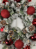 Lighted Red Christmas Ornament Pinecone Wreath, Holiday Ornament Wreath, Winter Porch Decor