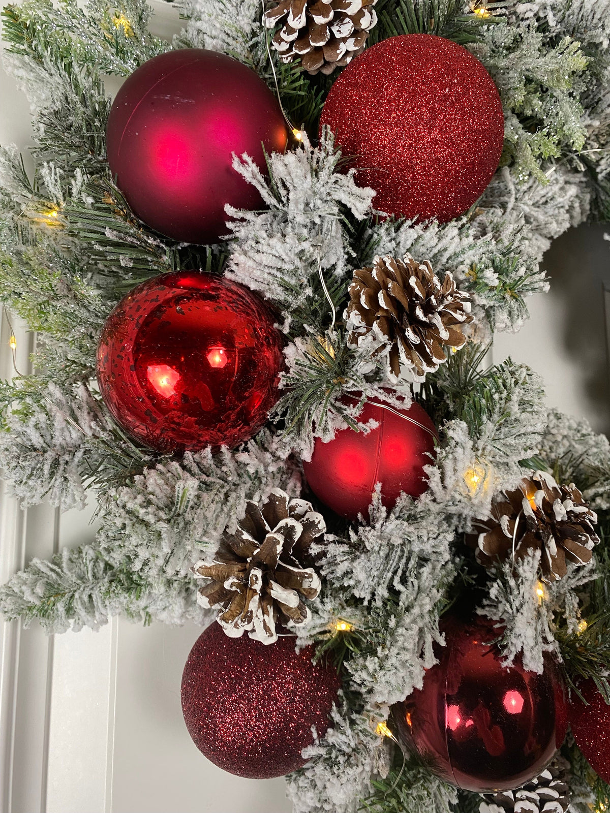 Lighted Red Christmas Ornament Pinecone Wreath, Holiday Ornament Wreath, Winter Porch Decor