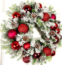 Lighted Red Christmas Ornament Pinecone Wreath, Holiday Ornament Wreath, Winter Porch Decor