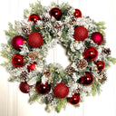 Lighted Red Christmas Ornament Pinecone Wreath, Holiday Ornament Wreath, Winter Porch Decor