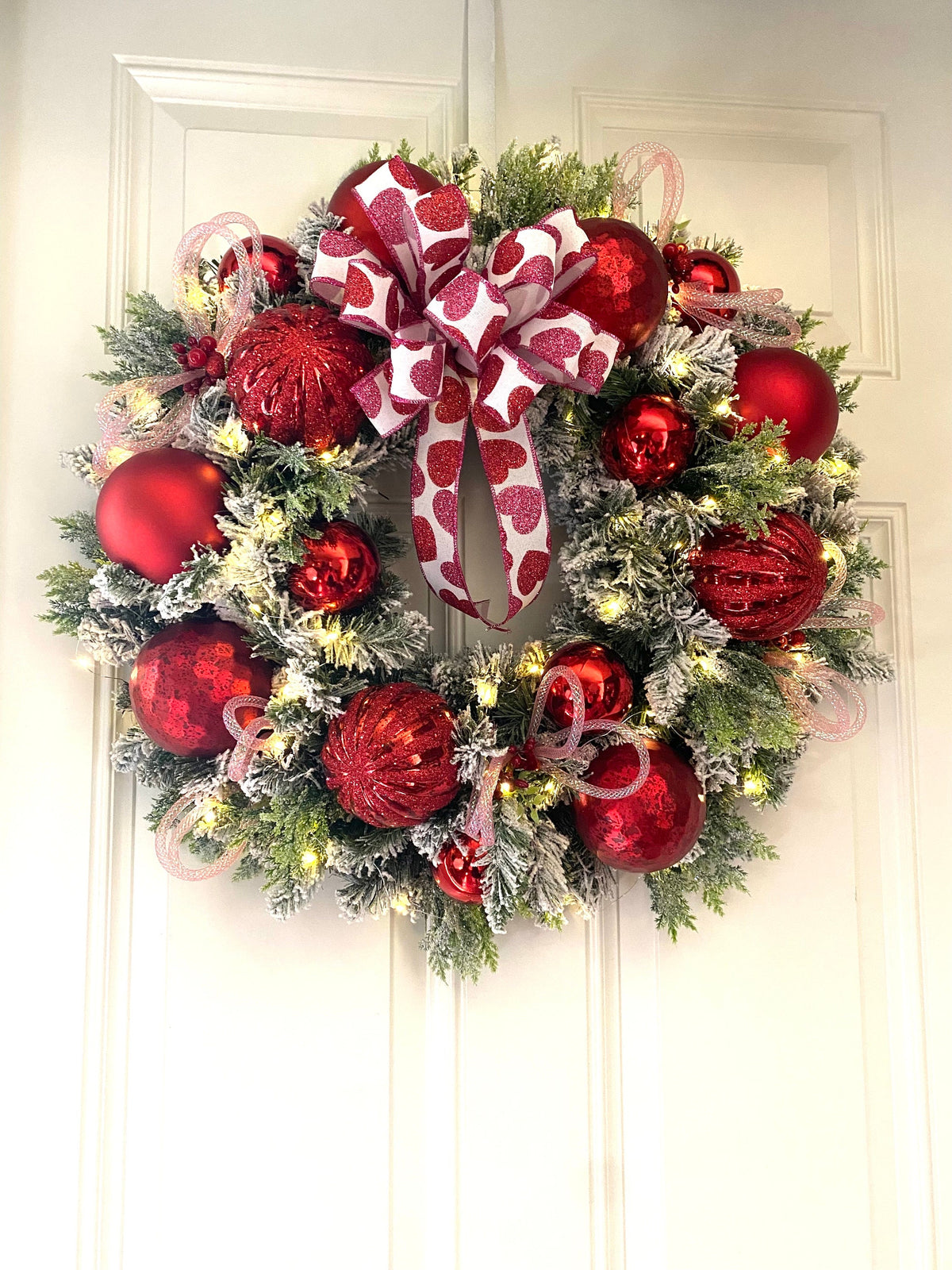 Lighted Valentine Wreath: Red Ornament & Pink Heart Bow