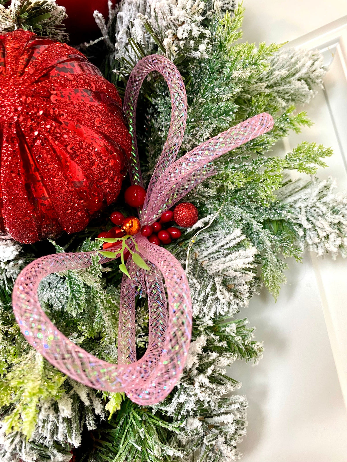 Lighted Valentine Wreath: Red Ornament & Pink Heart Bow