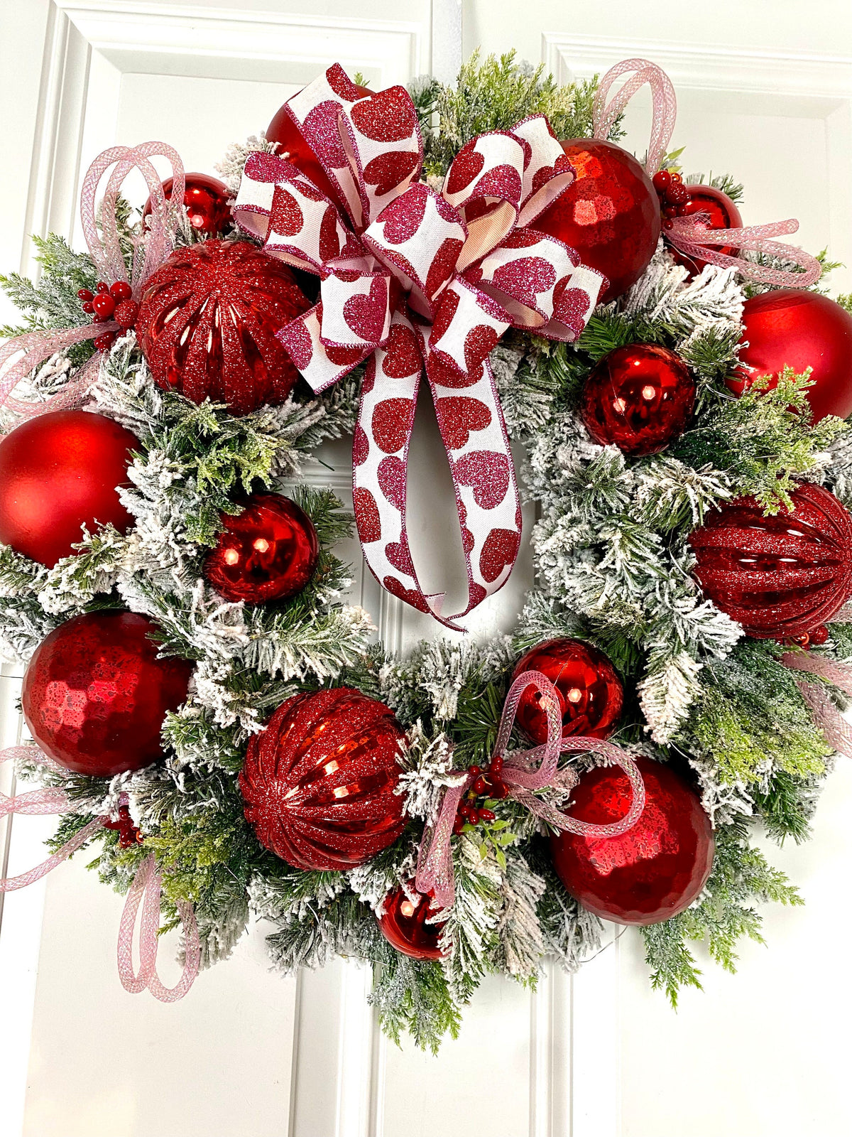 Lighted Valentine Wreath: Red Ornament & Pink Heart Bow