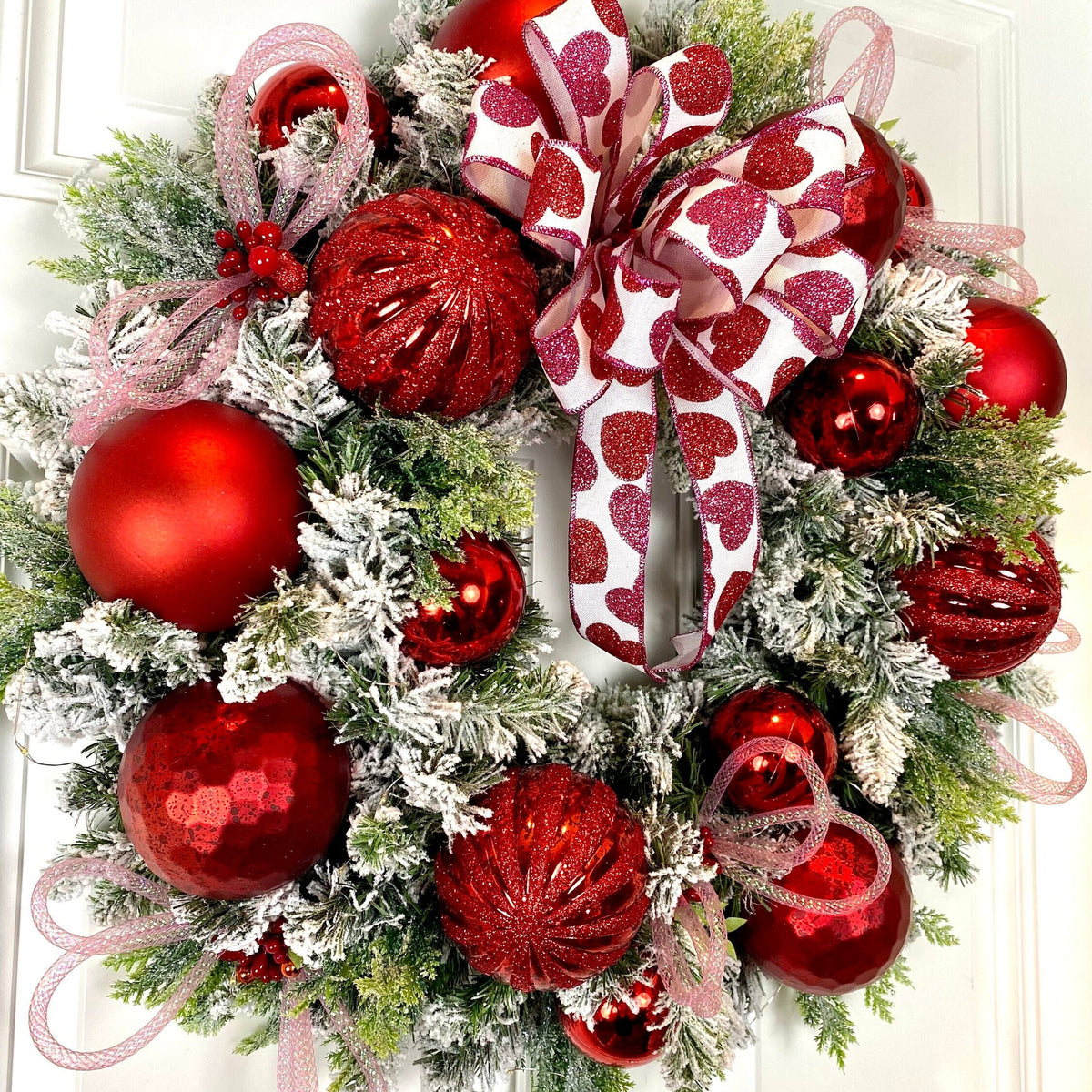 Lighted Valentine Wreath: Red Ornament & Pink Heart Bow
