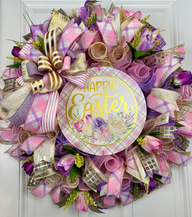 Elegant Easter Tulip Wreath, Spring Floral Decor for front door