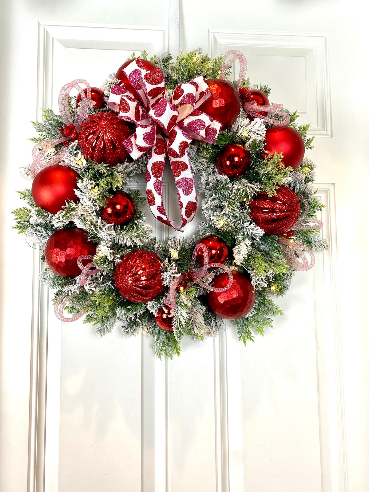 Lighted Valentine Wreath: Red Ornament & Pink Heart Bow