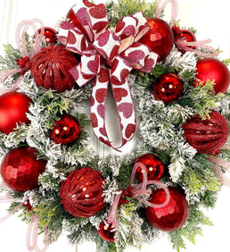 Lighted Valentine Wreath: Red Ornament & Pink Heart Bow