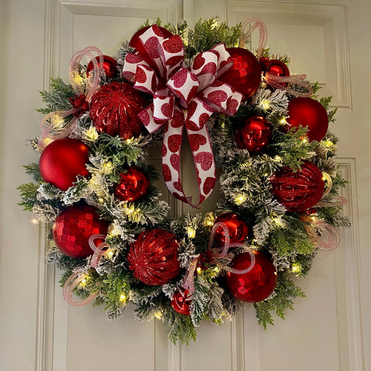 Lighted Valentine Wreath: Red Ornament & Pink Heart Bow