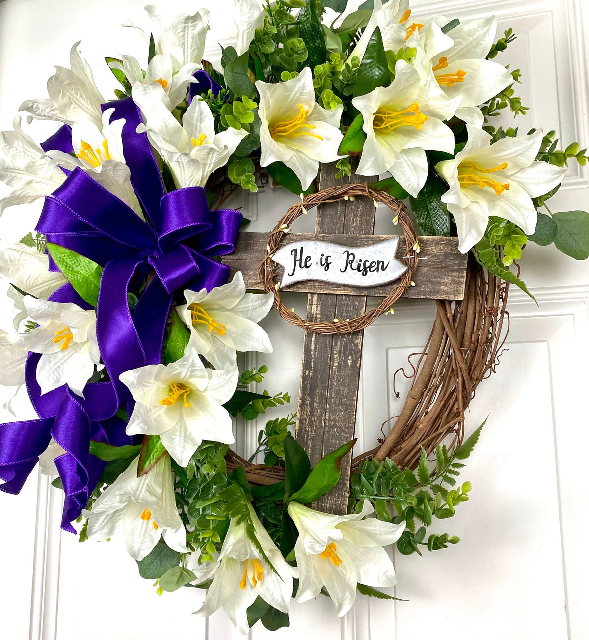 Easter Wreath, Cross, Lillies, Spring Floral Swag, wreath for front door