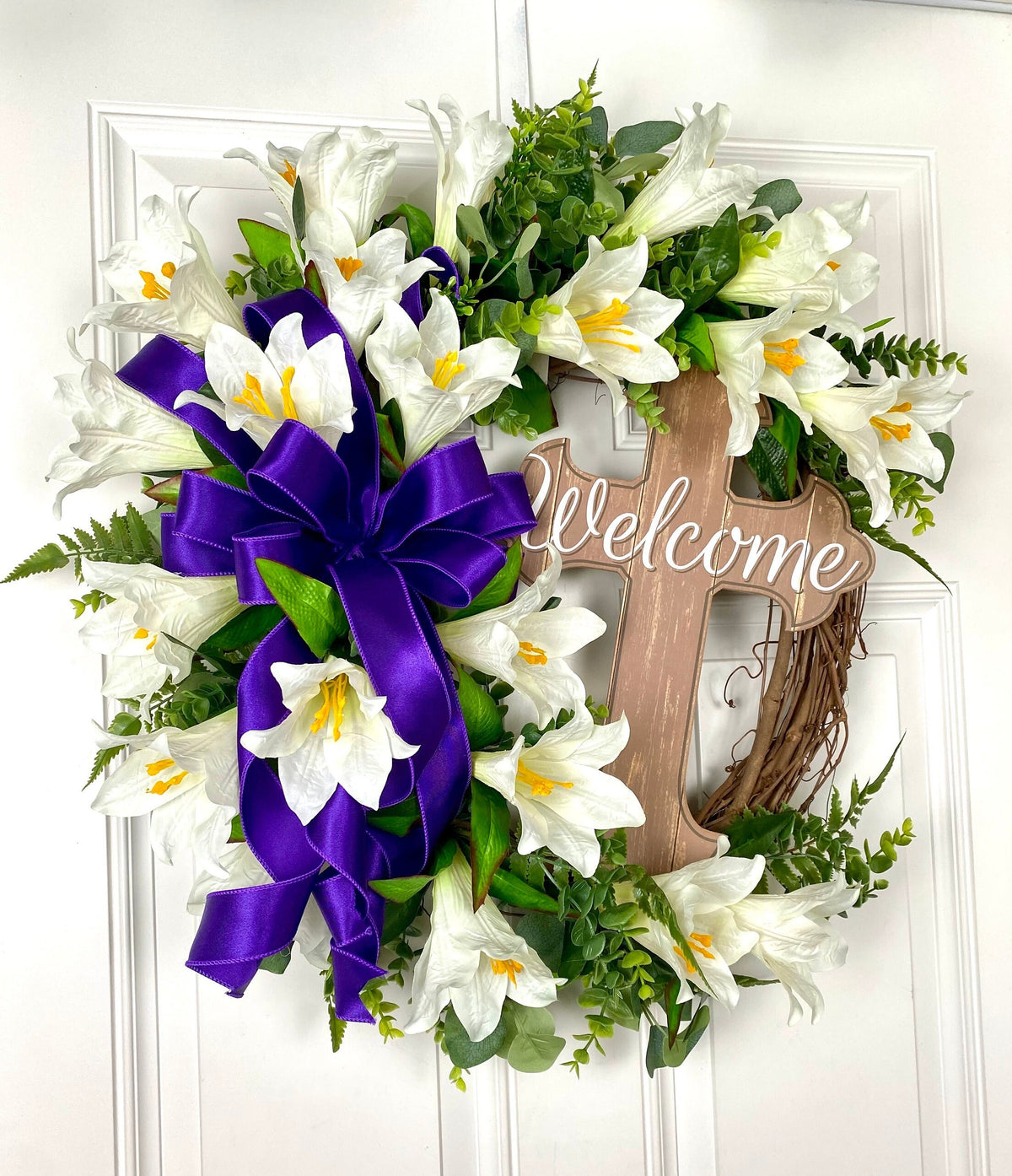Easter Wreath, Cross, Lillies, Spring Floral Swag, wreath for front door