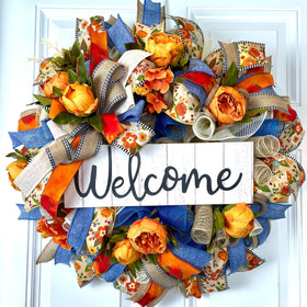 Everyday Wreath, Farmhouse Decor, Peony, Denim, Burlap, Front Door, Farmhouse All Season Wreath, Spring Wreath, Summer Deco Mesh