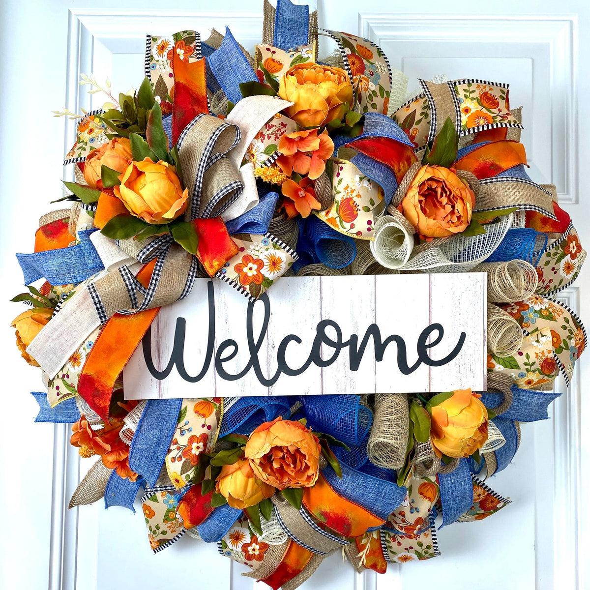 Everyday Wreath, Farmhouse Decor, Peony, Denim, Burlap, Front Door, Farmhouse All Season Wreath, Spring Wreath, Summer Deco Mesh