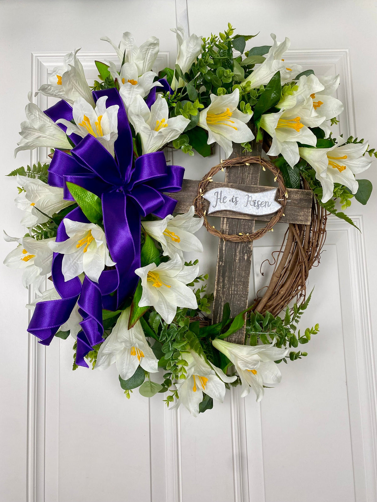 Easter Wreath, Cross, Lillies, Spring Floral Swag, wreath for front door